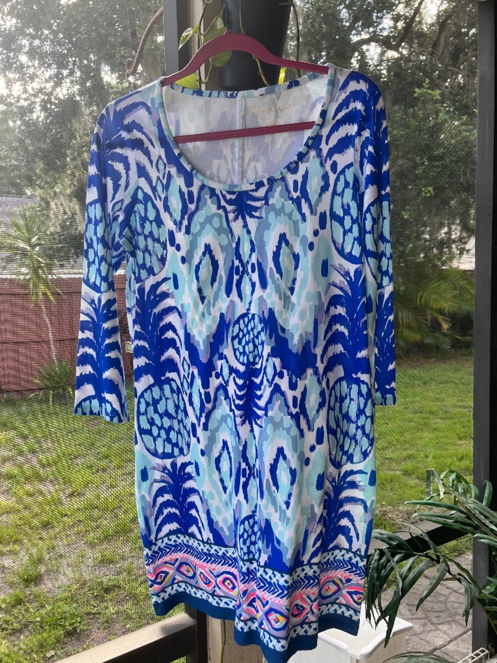 Lily Pulitzer tropical blue with pink 100% cotton long sleeve dress size M